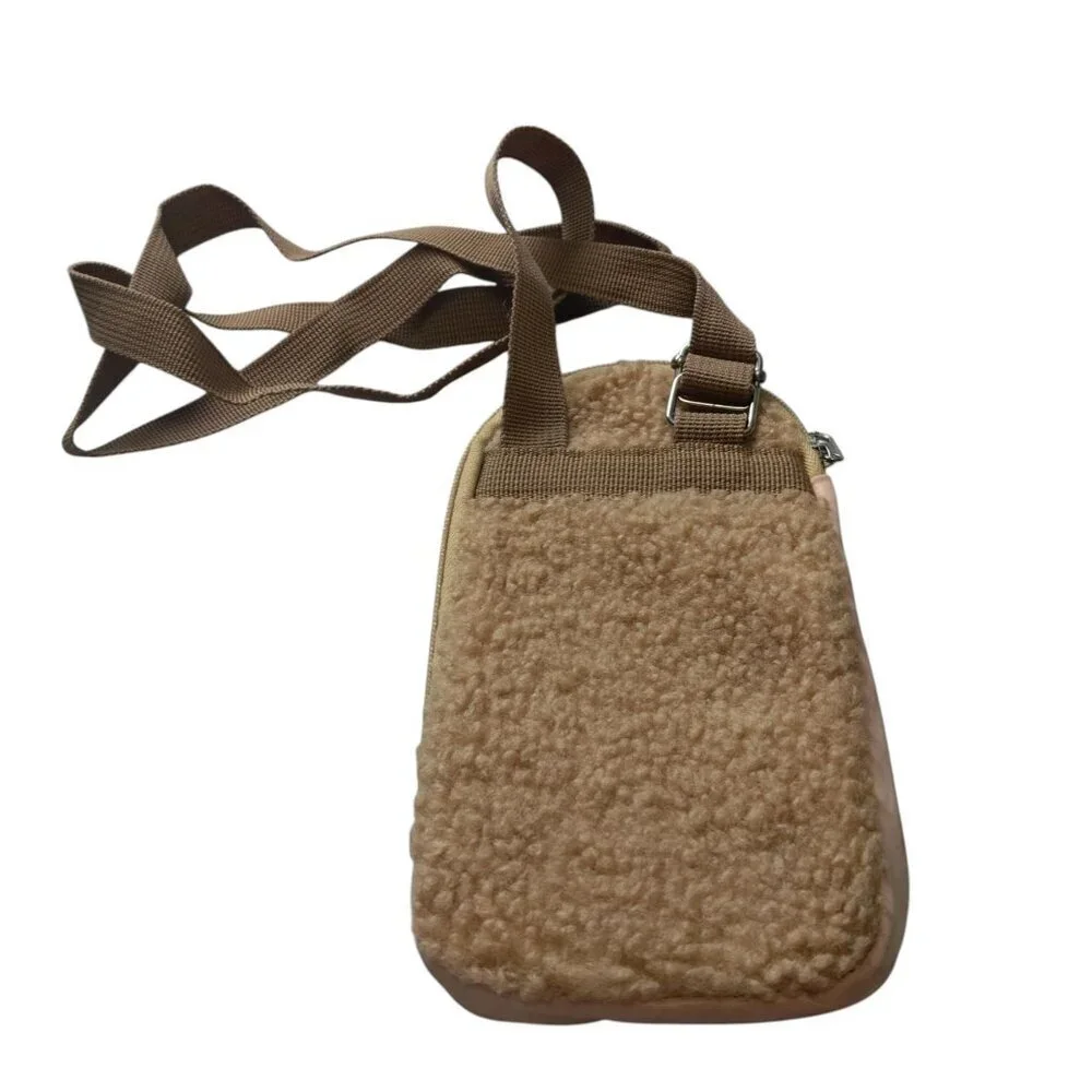 Sherpa Phone Crossbody Bag Purse Zip Around Beige Adjustable Strap Travel